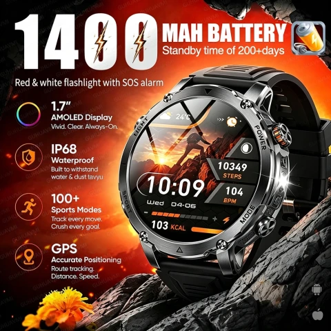 Montre connectée de sport militaire pour hommes AK106 avec batterie 1400mAh, GPS, étanche IP68, appels Bluetooth, écran AMOLED 1,7''